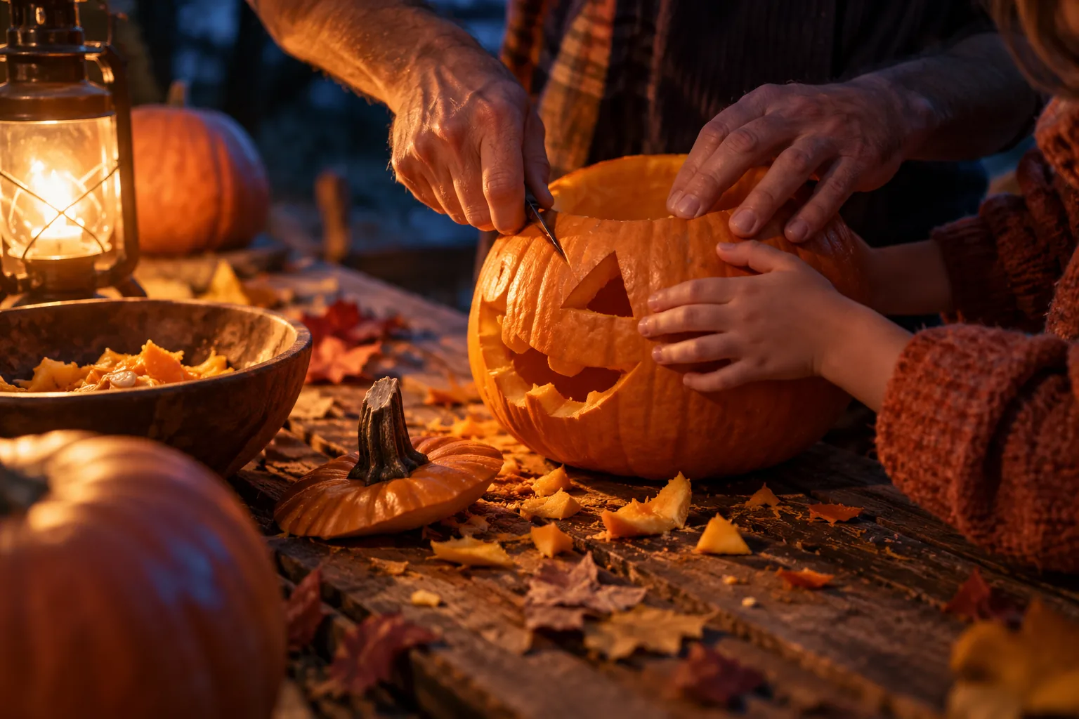 Immagine illustrativa di mani adulte e di un bambino durante l'intaglio di una zucca