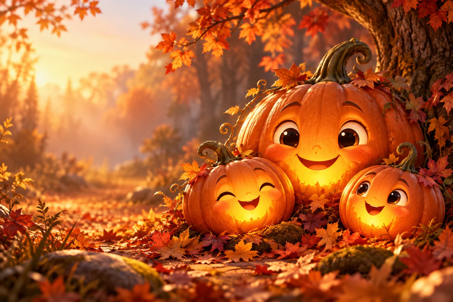 Illustrazione di tre zucche sorridenti e luminose in un bosco d'autunno